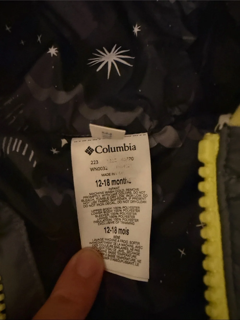 Columbia Infant Hooded Puffer One-Piece Snowsuit in Black, Gray & Neon Green